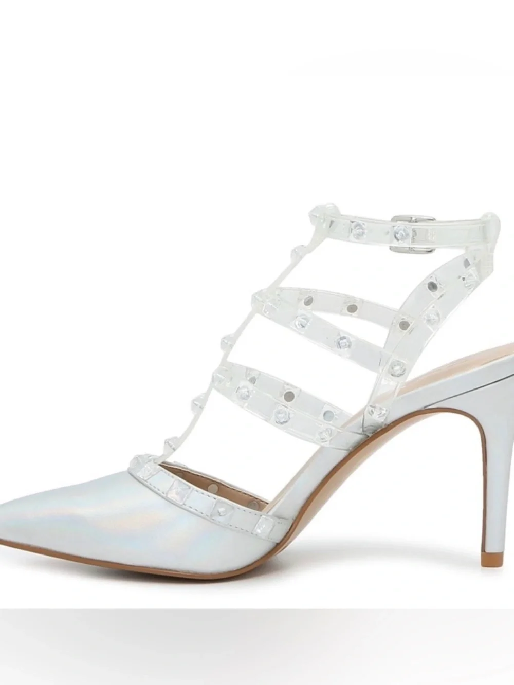 🪩 Mix No. 6 Liraven Caged Pump Heel in Iridescent/Clear Metallic with Studs
